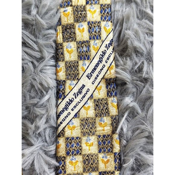 Ermenegildo Zegna Fine Silk Tie Yellow Blue‎ Gold Geometric Italy Designer Mens - Picture 4 of 12